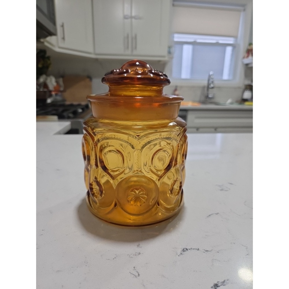 Vintage‎ LE Smith Amber Glass Moon and Stars Lidded Canister, 7" Tall Medium